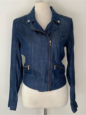 Bebe Denim Moto Jacket Blue Lyocell Zip Cropped Y2K Medium lightweight